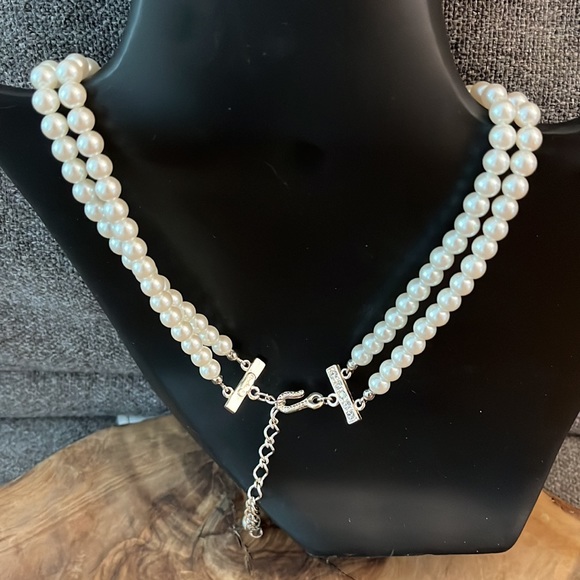 Vintage Carolee Double Strand Pearl Clear Rhinestone Pendant Choker Necklace - Picture 3 of 3